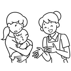 赤ちゃんの機嫌が悪くて困る母親と女性保育士