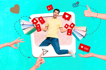 Composite collage picture of guy shopping blogger hold packages new boutique much feedback popularity isolated on over cyan background