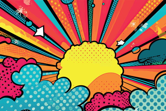 Pop art background. Comic pattern with starburst and halftone. Cartoon retro sunburst effect with dots. Comix banner. Vintage sunshine texture. Vector illustration.
