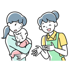 赤ちゃんの機嫌が悪くて困る母親と女性保育士
