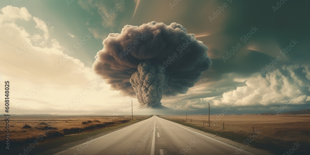 Poster a stretch of highway with a substantial plume of smoke billowing from it generative ai
