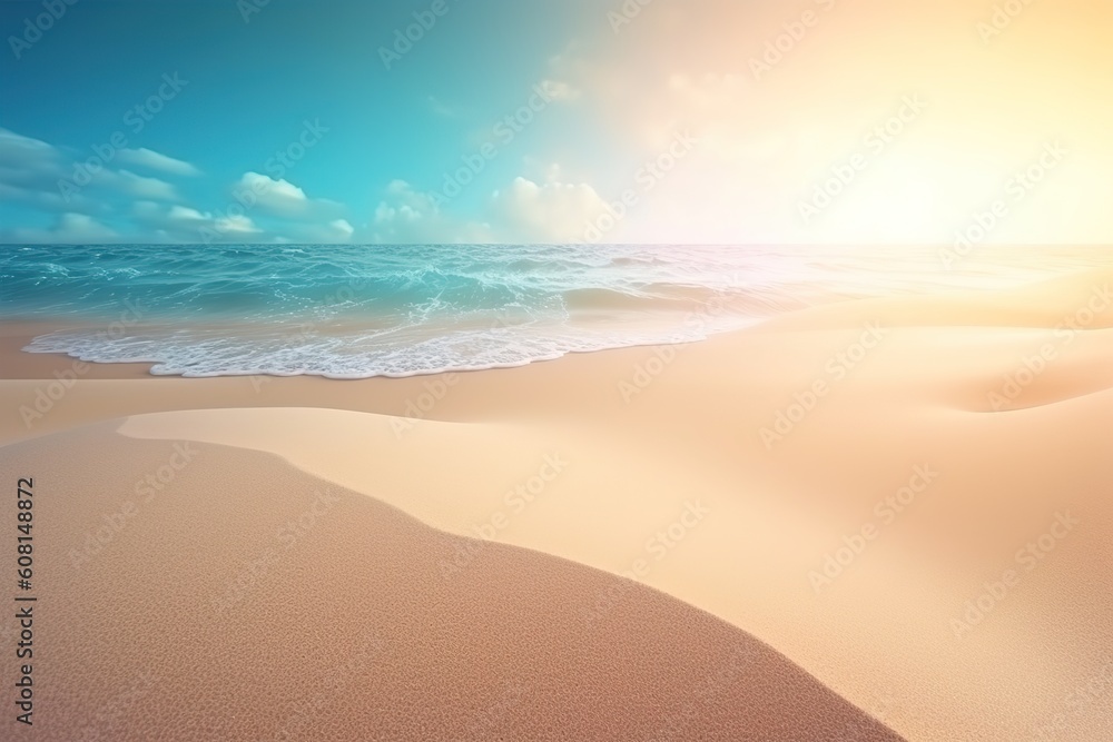 Poster a stretch of sandy beach with waves breaking ashore from the surrounding ocean generative ai