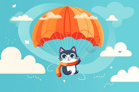 cute cat is flying on parachute in sky. Hand-drawn illustration for a children's book. Generative AI