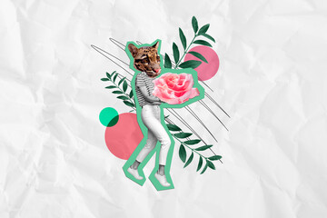 Poster banner collage advertisement of unusual person with tiger feline face carry hold rose flower surprise on 8 march party event