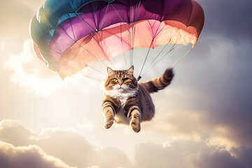cat is flying on a parachute in sky. Generative AI illustration - obrazy, fototapety, plakaty
