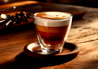 Black coffee in glass cup with coffee beans and drop, on wooden table, AI Generated Generative AI