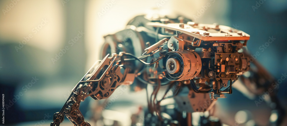 Poster generic industrial robotic gears close up. created with generative ai technology.