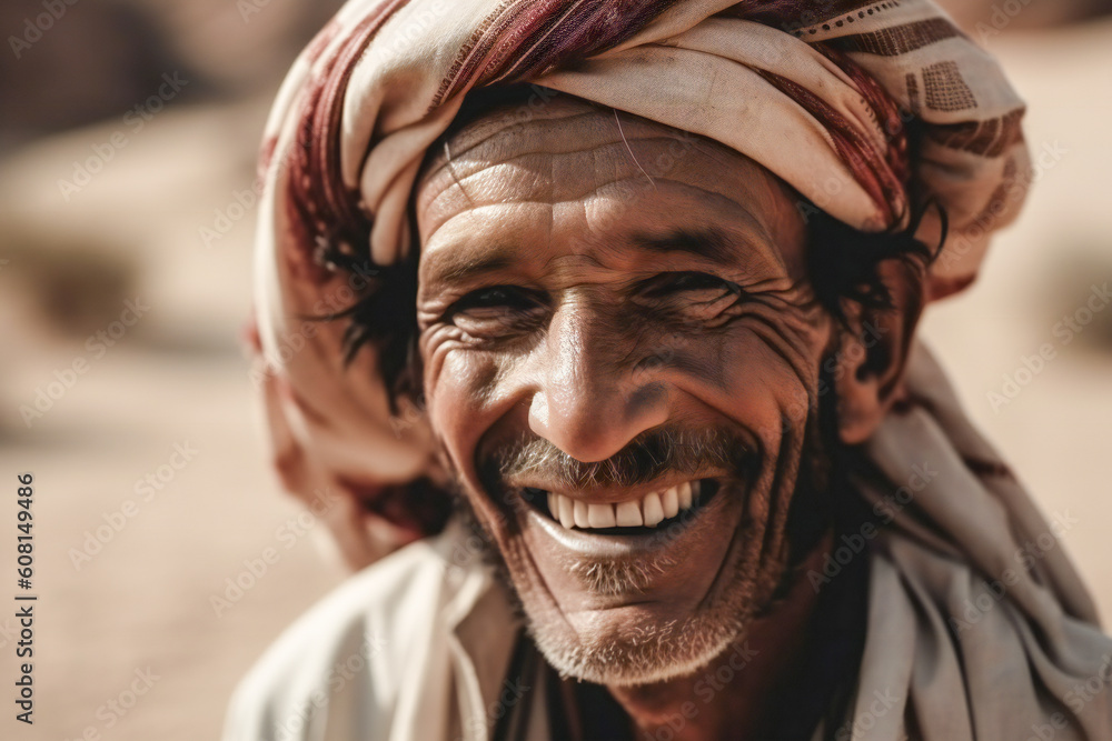 Poster a portrait of a smiling old muslim. created with generative ai technology.