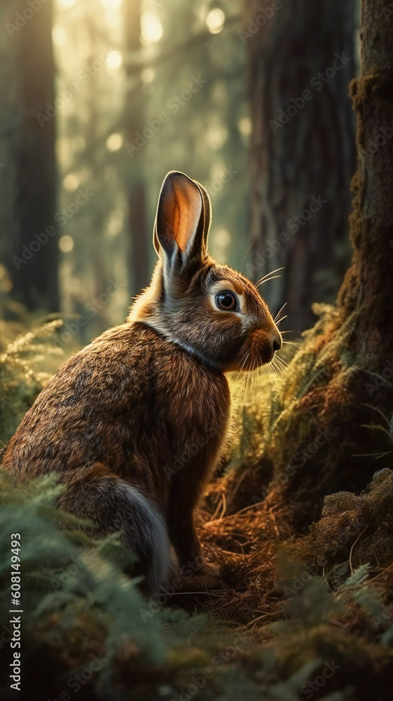 Poster illustration of a rabbit in a forest scene. created with generative ai technology.