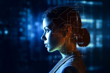 Young woman head with generic technology circuits over. Concept of artificial intelligence and advanced technology. Created with Generative AI technology.