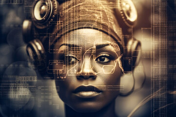 Illustration of an young attractive black woman with circuits and high tech elements. Concept of augmentation and human evolution. Created with Generative AI technology.