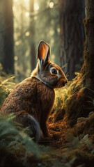 Illustration of a rabbit in a forest scene. Created with Generative AI technology.