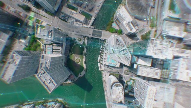 Birds eye view of futuristic urban borough with tall buildings and skyscrapers surrounded by turquoise water in river. Digital lines and charts, analysing collected data visual effects. Miami, USA