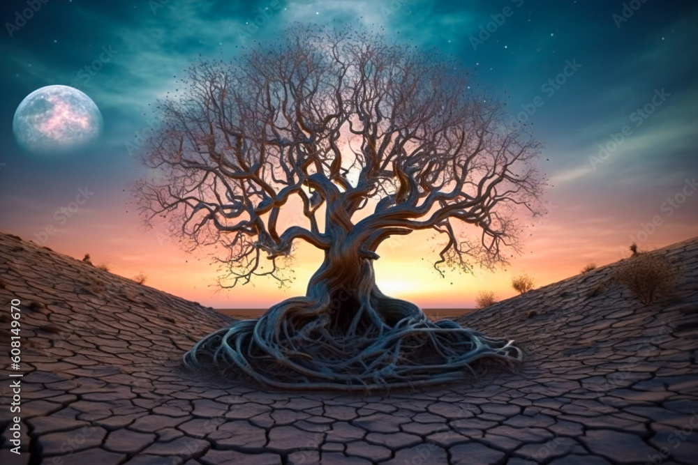 Poster lone tree growing on a strange alien desert planet. created with generative ai technology.