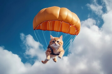 cat is flying on a parachute in sky. Generative AI illustration - obrazy, fototapety, plakaty