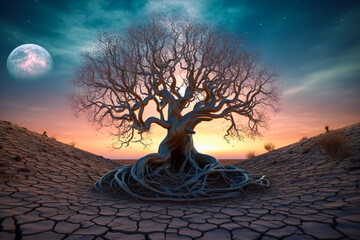 Lone tree growing on a strange alien desert planet. Created with Generative AI technology.