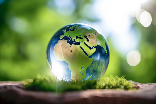 World earth day. Realistic glass globe with the world inside. Eco friendly environment concept. Generative Ai