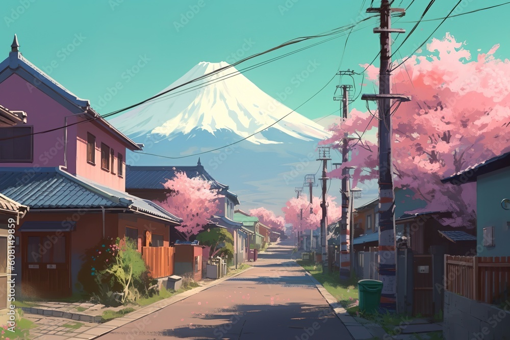 Poster a sketch of a road with a mountain in the distance generative ai