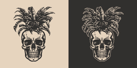 Set of vintage retro scary hipster skull with pineapple head. Can be used like emblem, logo, badge, label. mark, poster or print. Monochrome Graphic Art. Vector. Hand drawn element in engraving