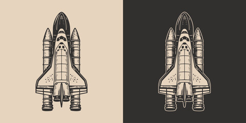 Set of vintage galaxy space rocket shuttle. Can be used like emblem, logo, badge, label. mark, poster or print. Monochrome Graphic Art. Vector. Hand drawn element in engraving Illustration
