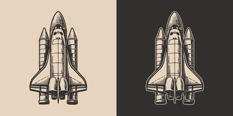 Set of vintage galaxy space rocket shuttle. Can be used like emblem, logo, badge, label. mark, poster or print. Monochrome Graphic Art. Vector. Hand drawn element in engraving Illustration