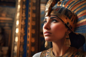 Ancient Egyptian queen pharaoh wearing golden insignia of her reign (Generative AI)