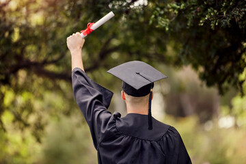 Graduate, man celebrate and hands with degree and diploma at event outdoor with scholarship....