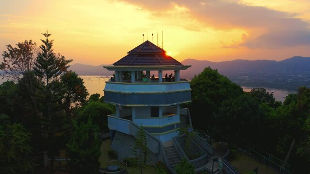 Aerial view on Kao-Khad Views Tower. Famous Tourists place when you can enjoy the 360-degree view such as Chalong bay, Panwa cape, around Phuket including Phuket city.
