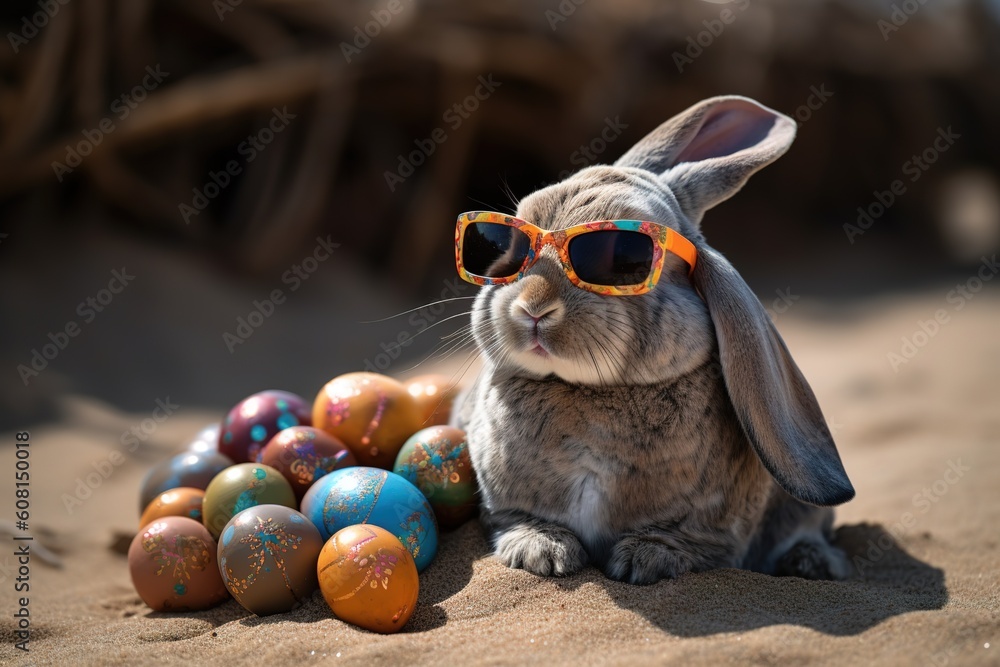 Poster a rabbit with sunglasses posing next to a nest full of eggs generative ai