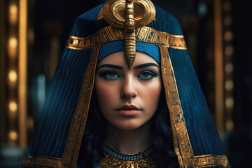 Obraz premium Ancient Egyptian queen pharaoh wearing golden insignia of her reign (Generative AI)