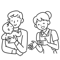 笑顔の赤ちゃんと父親と女性保育士