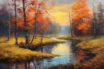 Obraz premium Autumn forest landscape, orange golden foliage, AI Generated