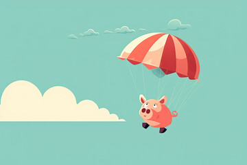 cute pig is flying on a parachute in sky. A hand-drawn children's character. Generative AI illustration