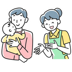 笑顔の赤ちゃんと父親と女性保育士