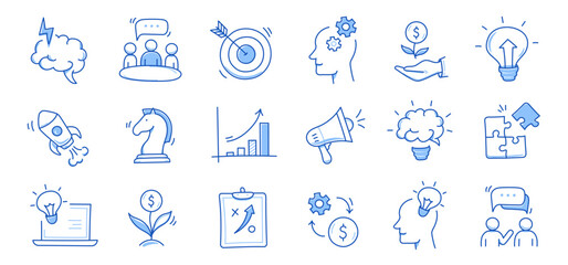Business idea, startup doodle line icon set. Hand drawn doodle sketch line style business strategy, finance goal concept. Rocket, target, brain cute element. Vector illustration © Polina Tomtosova