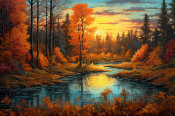 Autumn forest landscape, orange golden foliage, AI Generated