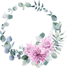 Watercolor Wreath with Dahlias and Eucalyptus on Transparent Background