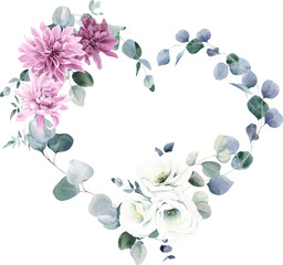 Watercolor Heart Shaped Wreath with Dahlia, Lisianthus and Eucalyptus on Transparent Background