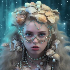 Mermaid portrait siren core make up trendy 2023 hairstyle Ariel movie pearls shells accessories beautiful close-up underwater fantasy fairy tale fish woman 