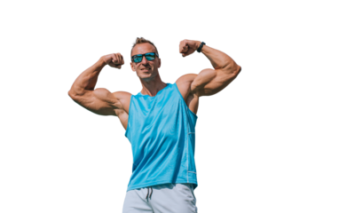 Strong caucasian bodybuilder in sunglasses and sportswear showing biceps against transparent background. Healthy people, muscle training.