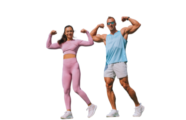 Strong happy caucasian couple in sportswear showing biceps looking at camera against transparent background. Young adult man in glasses enjoying great body shape. Healthy people, strength.