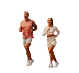 Young caucasian couple in sportswear jogging against transparent background. Cheerful European man...