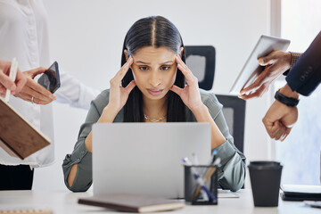 Stress, multitask and an overwhelmed business woman at work on a laptop in her office for a...