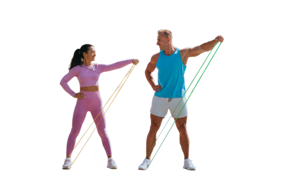 Young adult couple in sportswear training with rubber expander against transparent background. Man training with wife at sunny sunny weekend. Fitness, sport, healthy lifestyle.