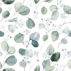 Watercolor Seamless Pattern Background with Elegant Eucalyptus Branches and Gypsophila on Transparent Background