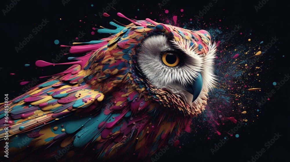 Aufkleber a multicolored owl that is set on a black backdrop. generative ai