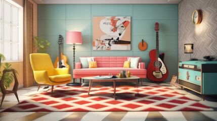 Retro living room interior. Generative AI