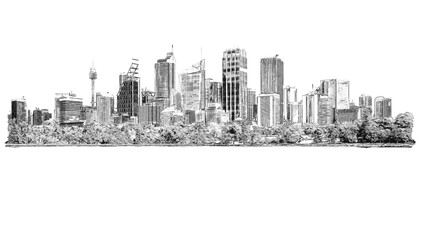 Sydney cityscape panorama, pencil style sketch illustration.