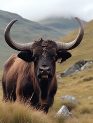 A bull with big horns stands on a mountain