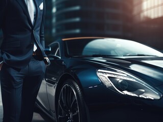 A closeup of a rich businessman standing in front of supercar